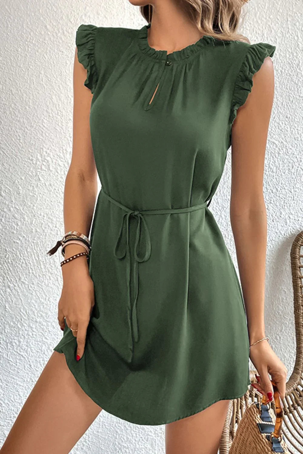 Perfee Ruffled Tie-Waist Keyhole Dress - Southern Shores Clothing