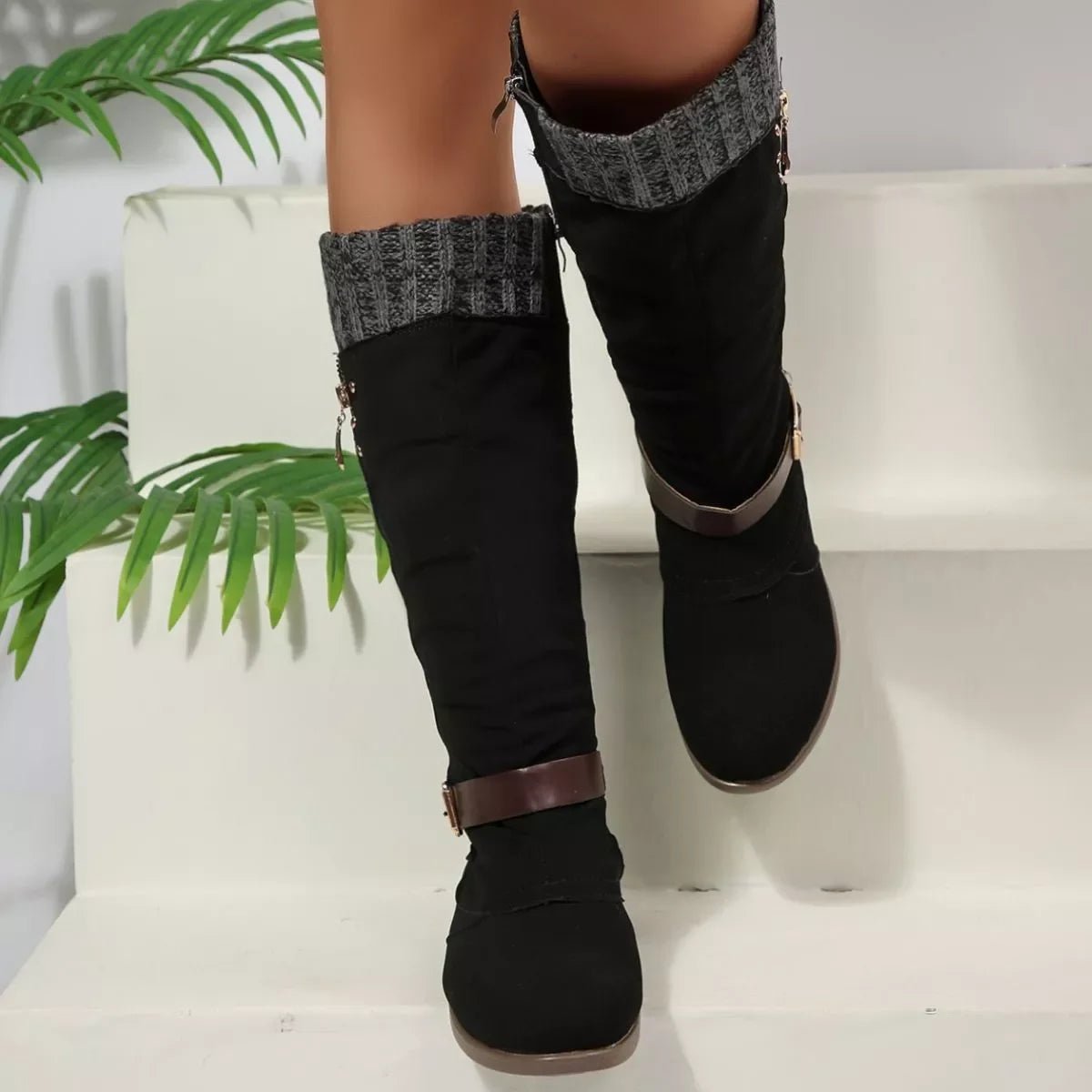 Round Toe Block Heel Boots Suede Rubber Casual