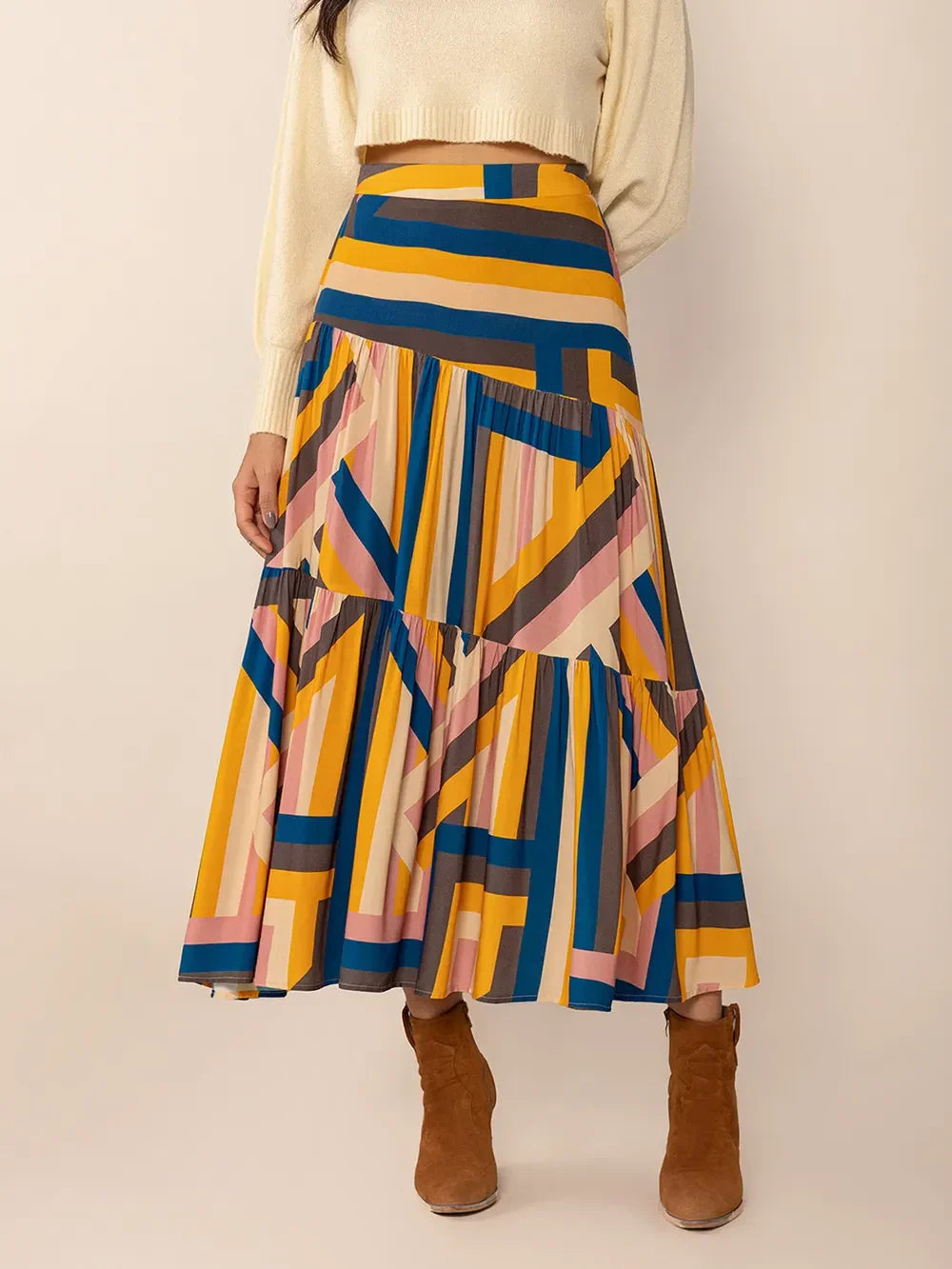 Ruched Elastic Waist Contrast Midi Skirt - Southern Shores Clothing