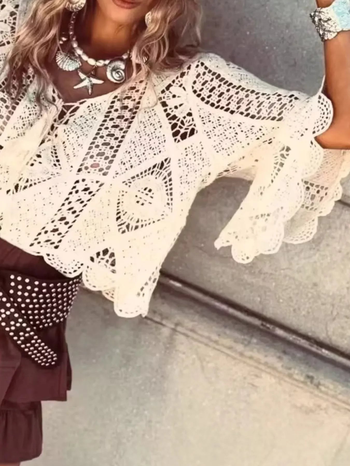 Lace Tassel V-Neck Crochet Knit Top With Openwork Boho Style - Southern Shores Clothing