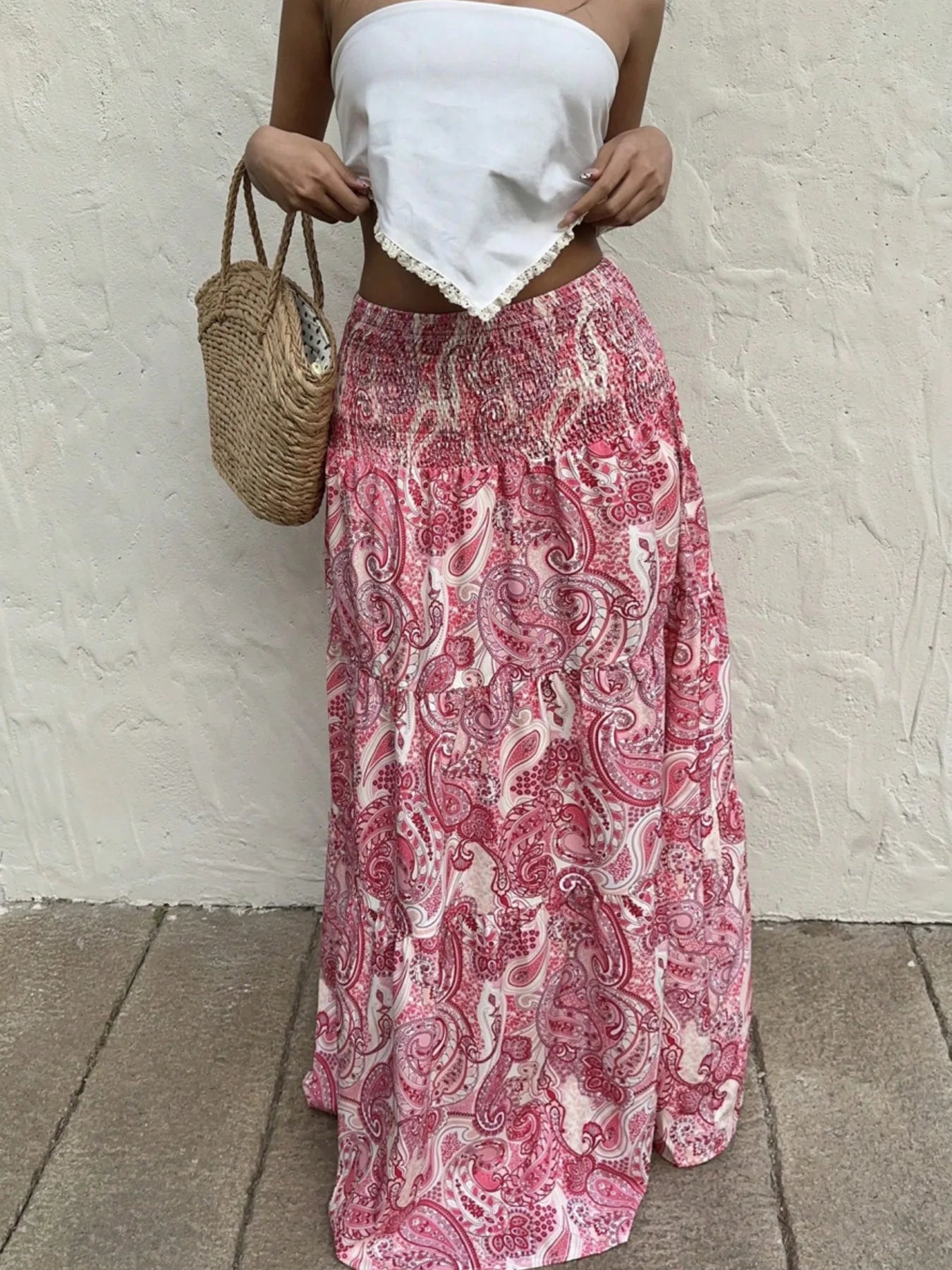 Women's Beach Inspired Smocked Printed Maxi Skirt