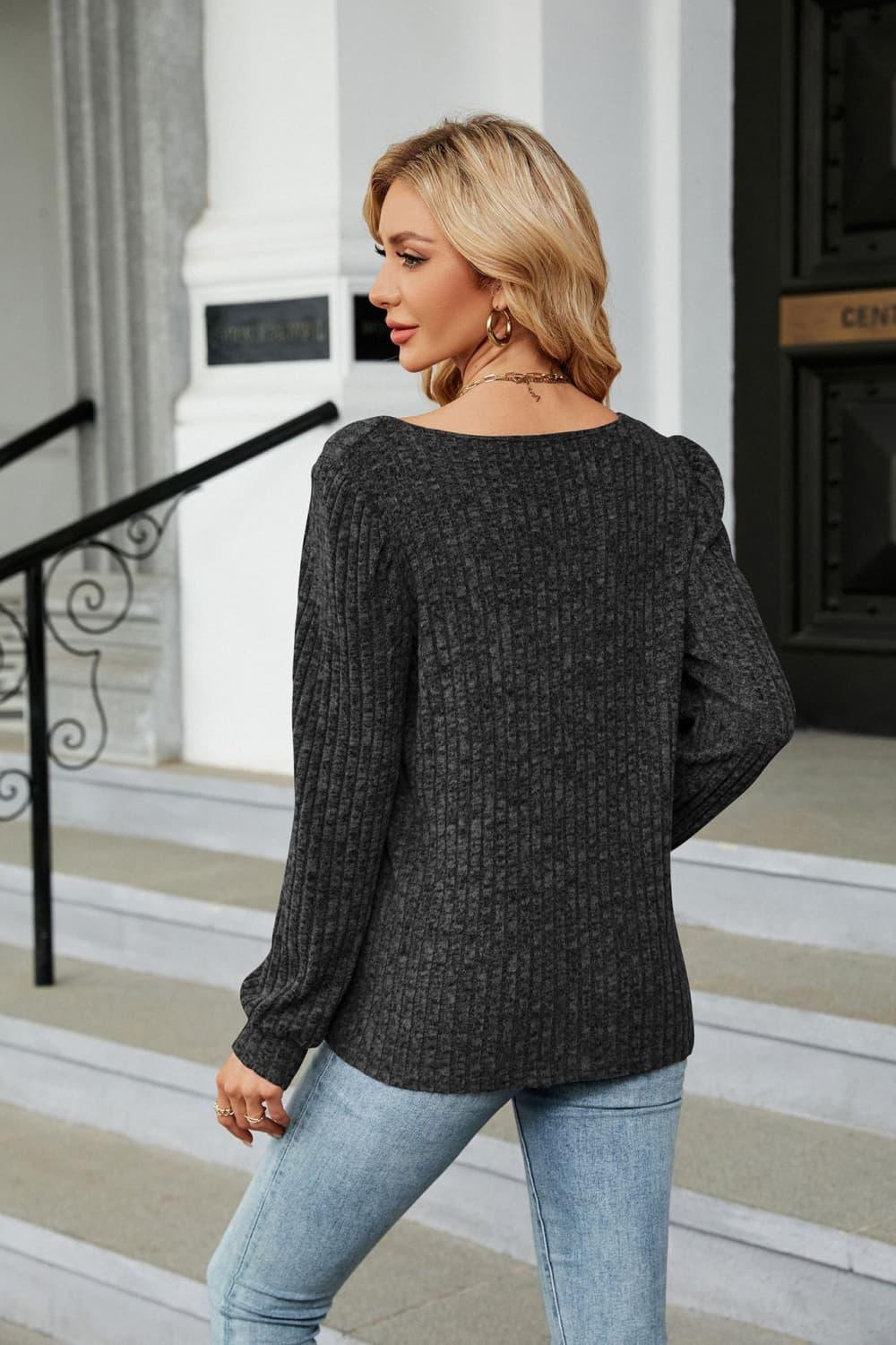 Ribbed Square Neck Long Sleeve T Shirt Rayon Blend Top - Southern Shores Clothing