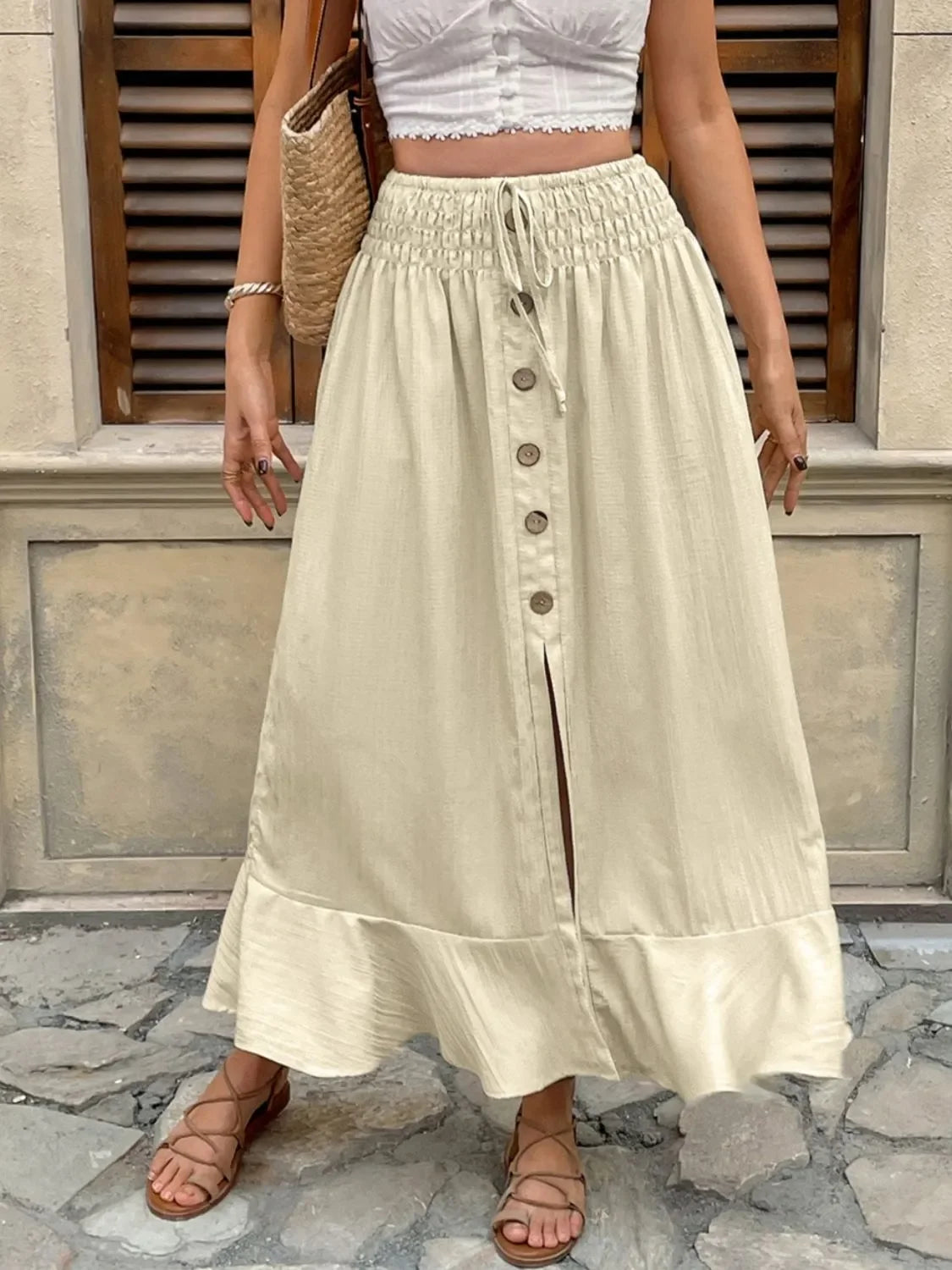 Ruffled Hem Slit Skirt With Lace And Adjustable Waist - Southern Shores Clothing