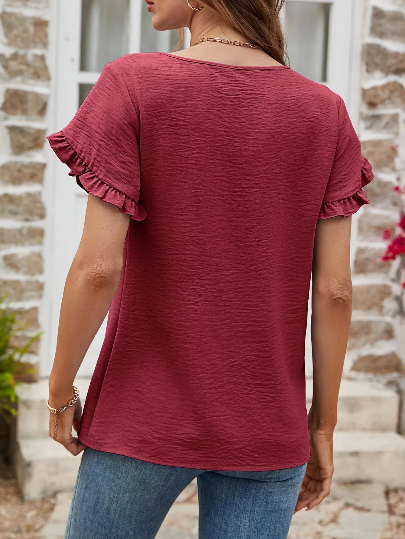 Textured Petal Sleeve Round Neck Tee Polyester - Southern Shores Clothing