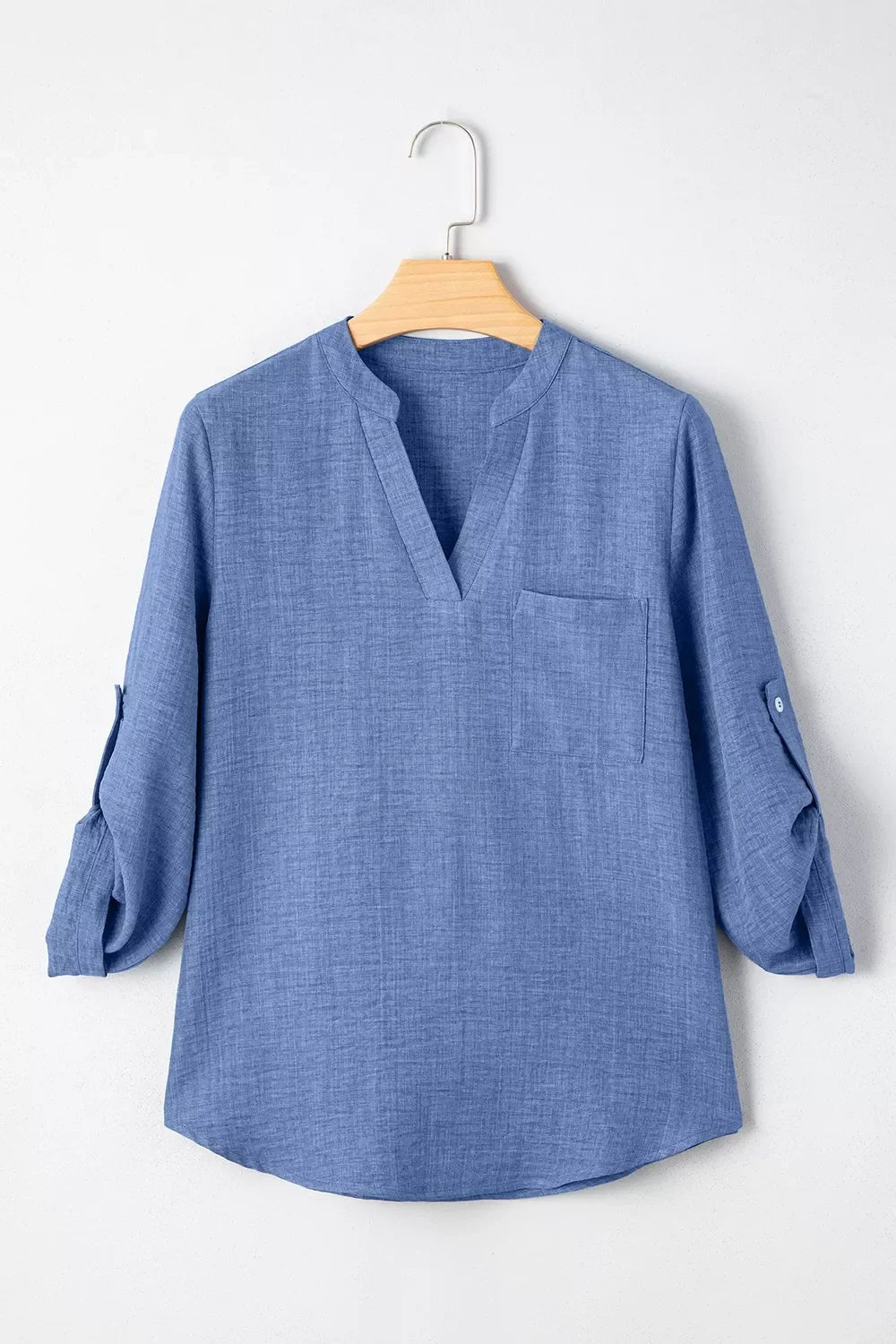 Casual Roll Up Sleeve Blouse With Notched Collar And Pocket - Southern Shores Clothing