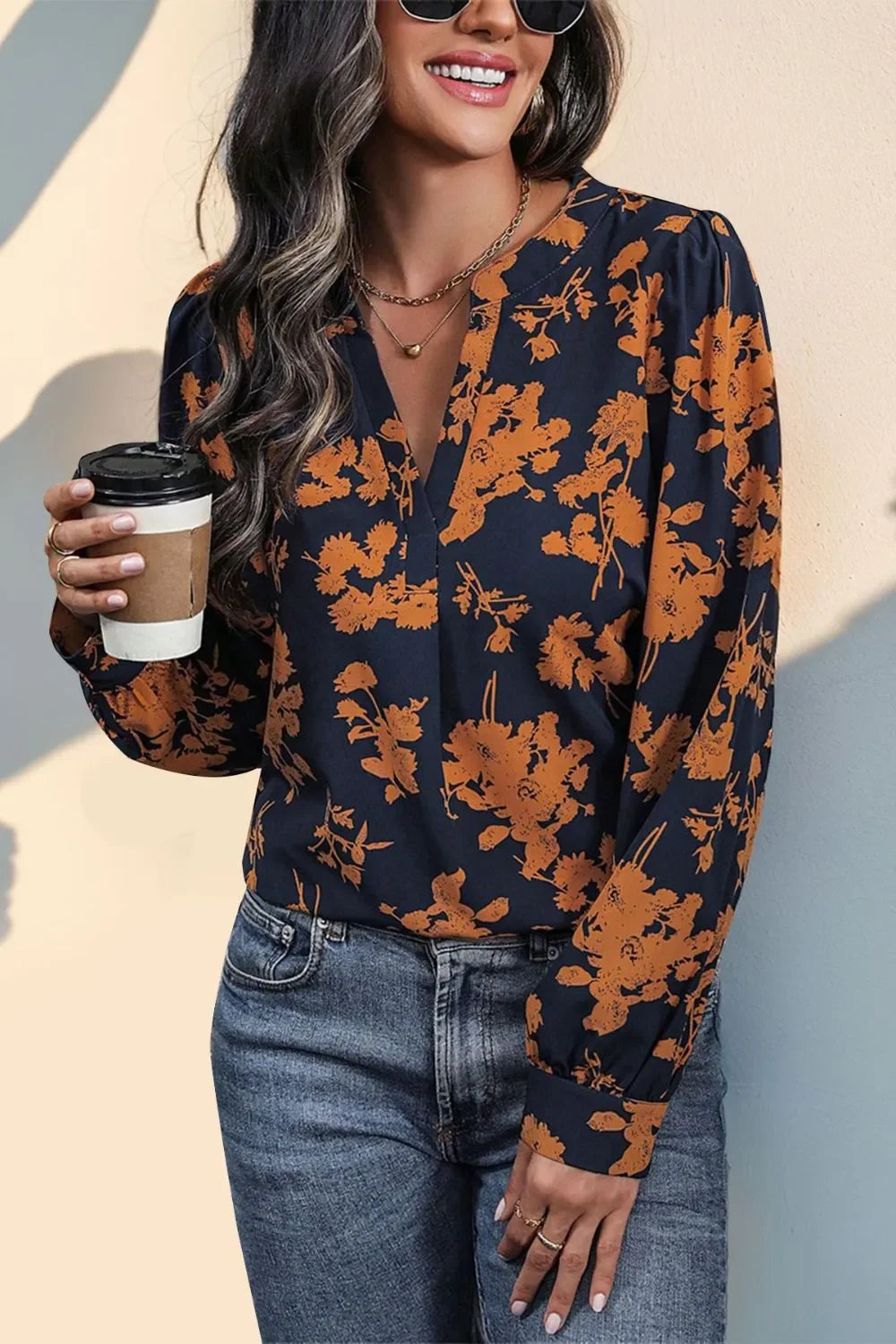 Printed Notched Long Sleeve Polyester Blouse - Southern Shores Clothing