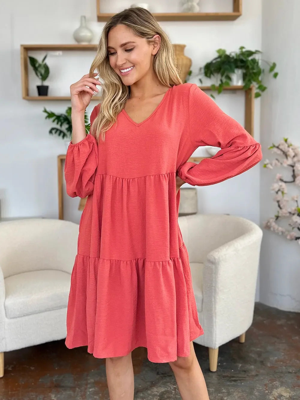 V Neck Balloon Sleeve Tiered Dress With Pockets - Southern Shores Clothing