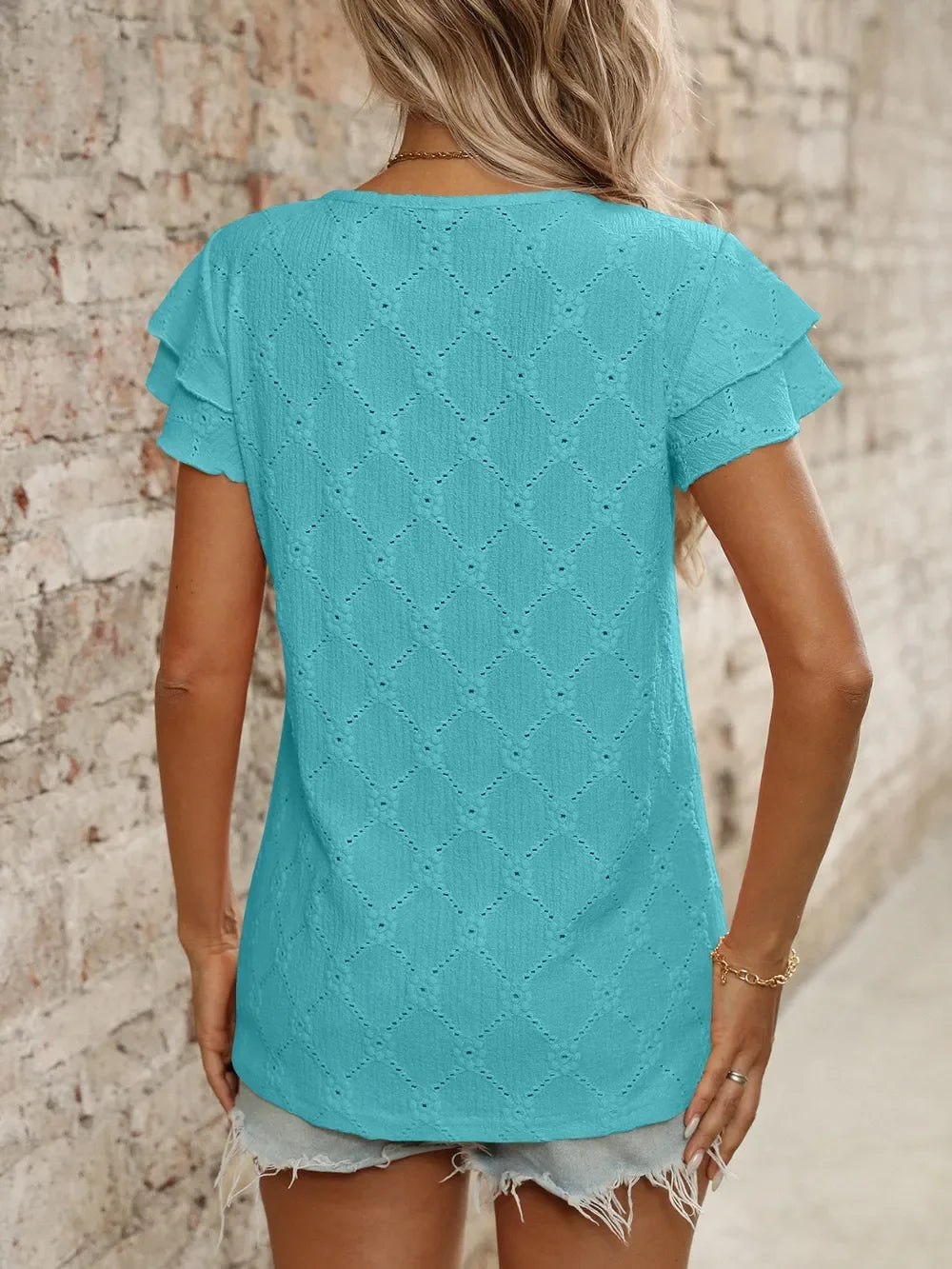 Eyelet Round Neck Ruffled Short Sleeve Top - Southern Shores Clothing