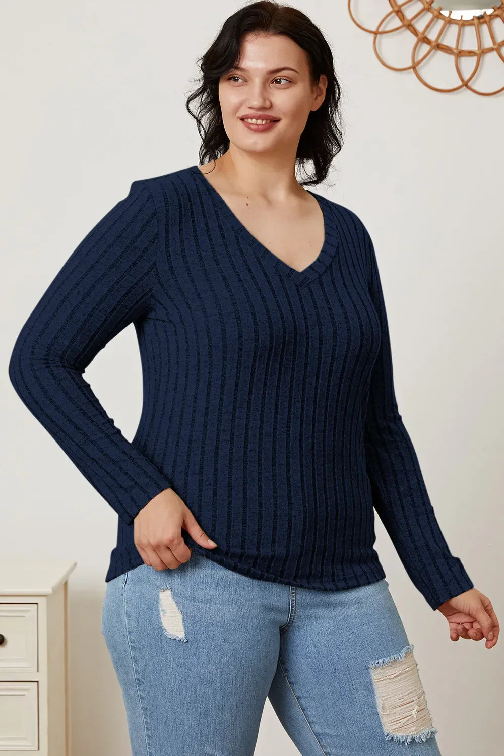 Classic Ribbed V-Neck Long Sleeve Knit Tee Top - Southern Shores Clothing