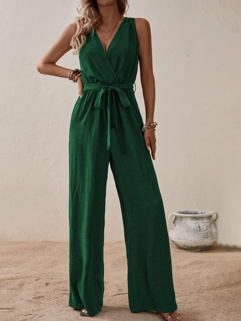 Tied Surplice Sleeveless Wide Leg Jumpsuit - Southern Shores Clothing