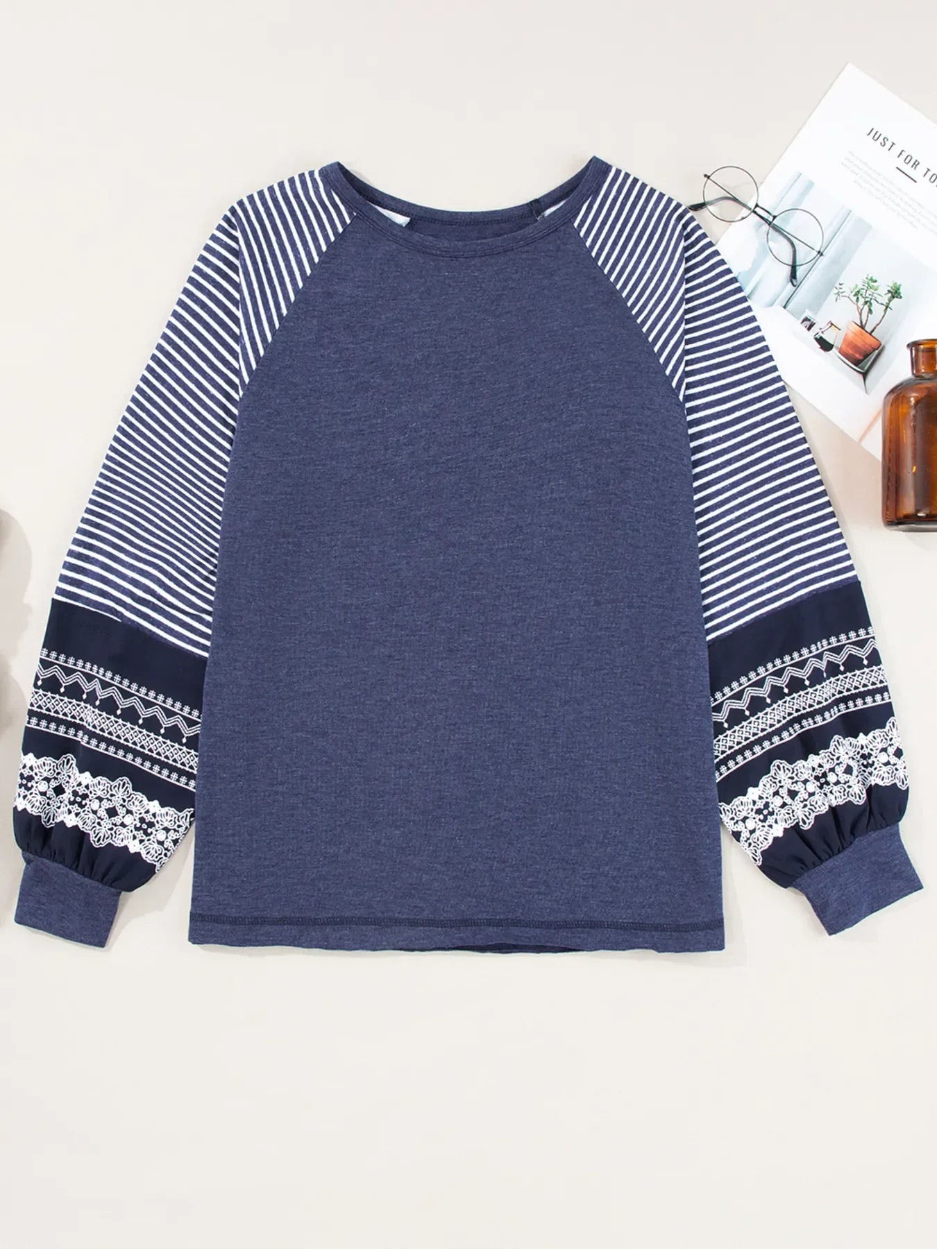 Contrast Print Striped Raglan Long Sleeve Loose Top - Southern Shores Clothing
