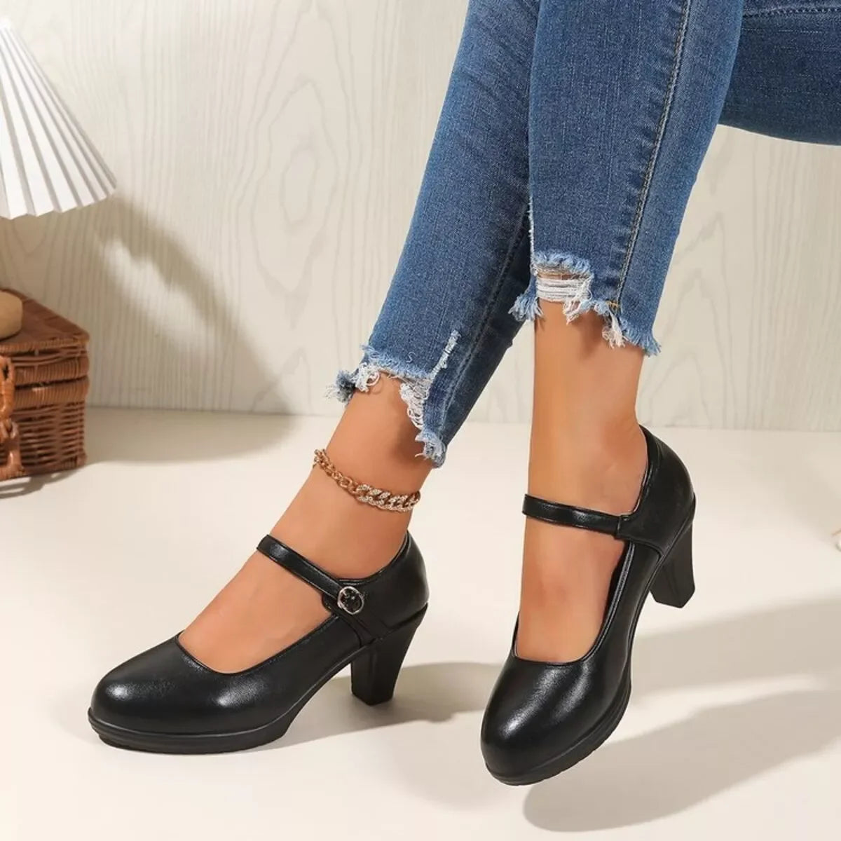 Elegant Mid Heel Buckle Block Heel Pumps