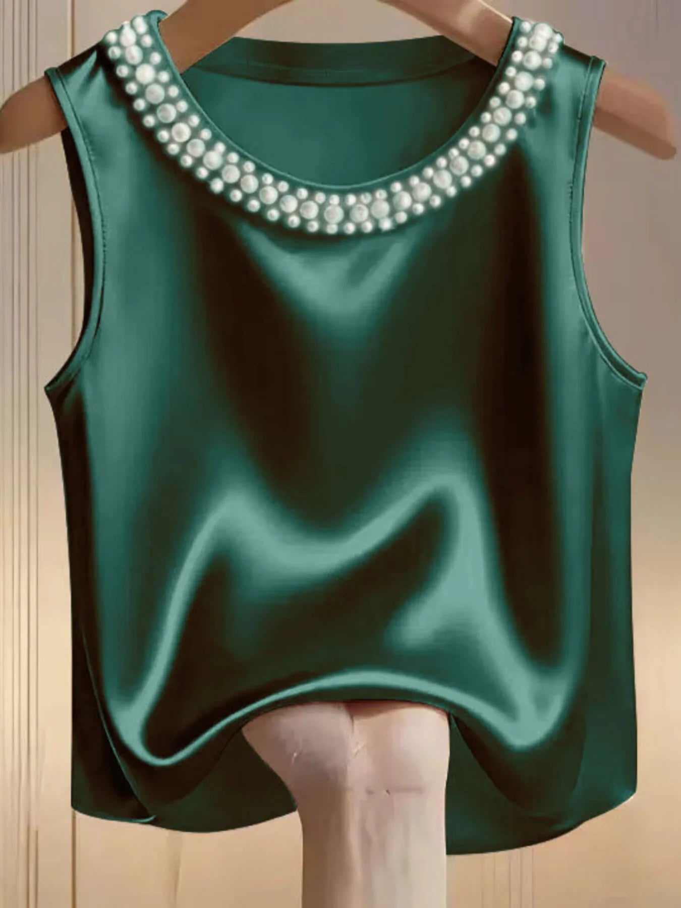 Elegant Satin Tank Top With Pearl Embellished Collar Detailing - Southern Shores Clothing