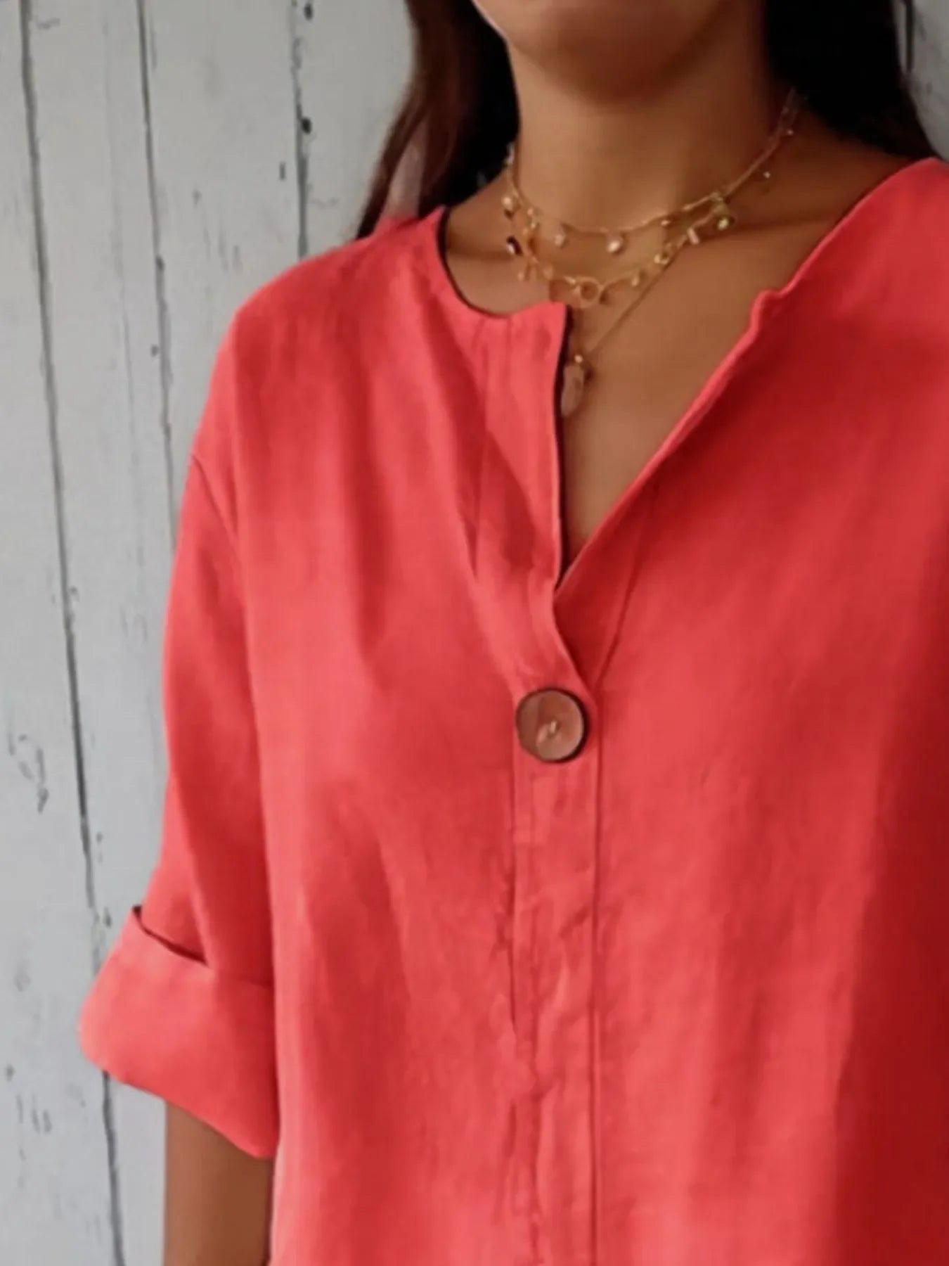 Plus Size Linen Blend Notched Blouse With Button Front - Southern Shores Clothing