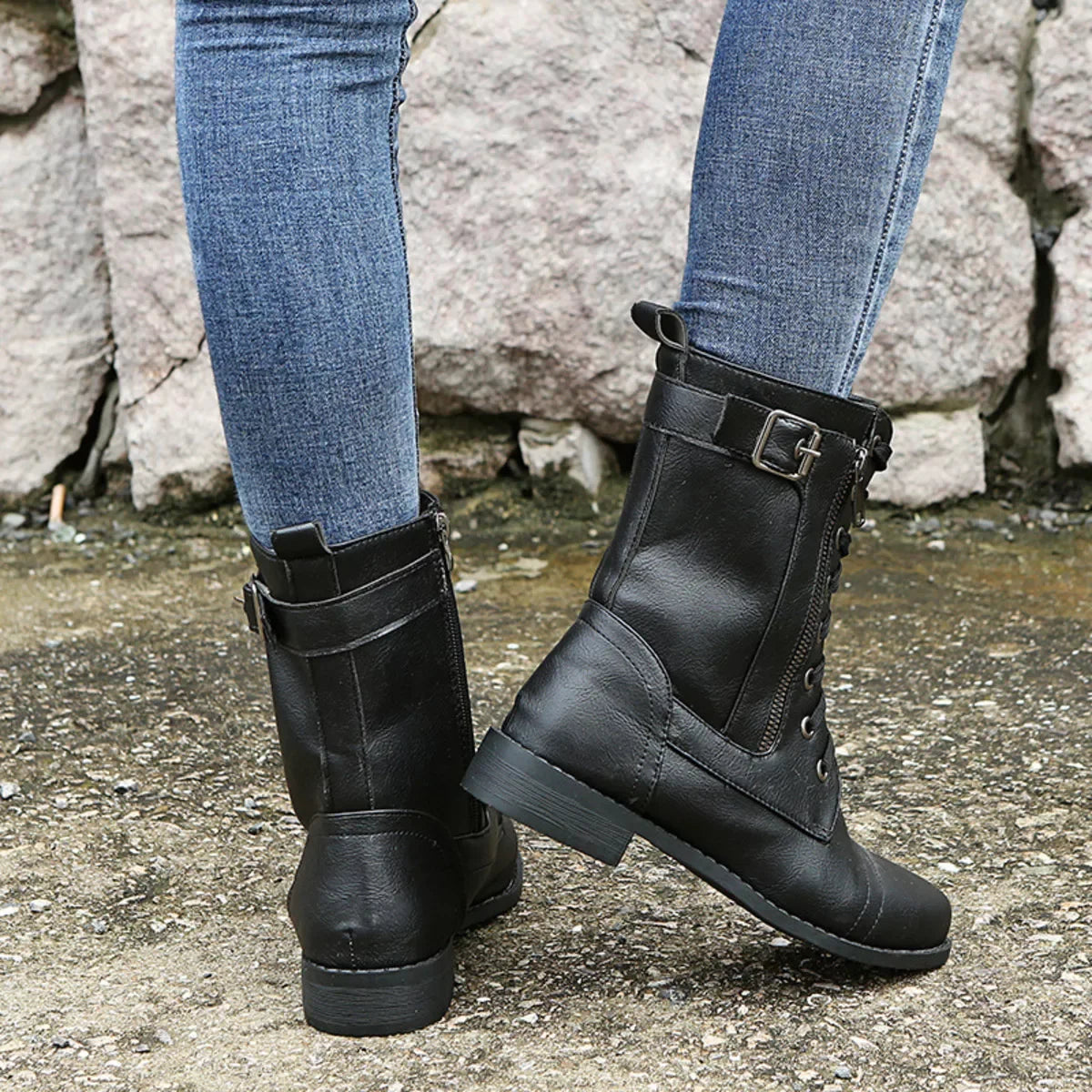 Lace-Up Ankle Boots With Zipper Detail, Low Heels - Southern Shores Clothing
