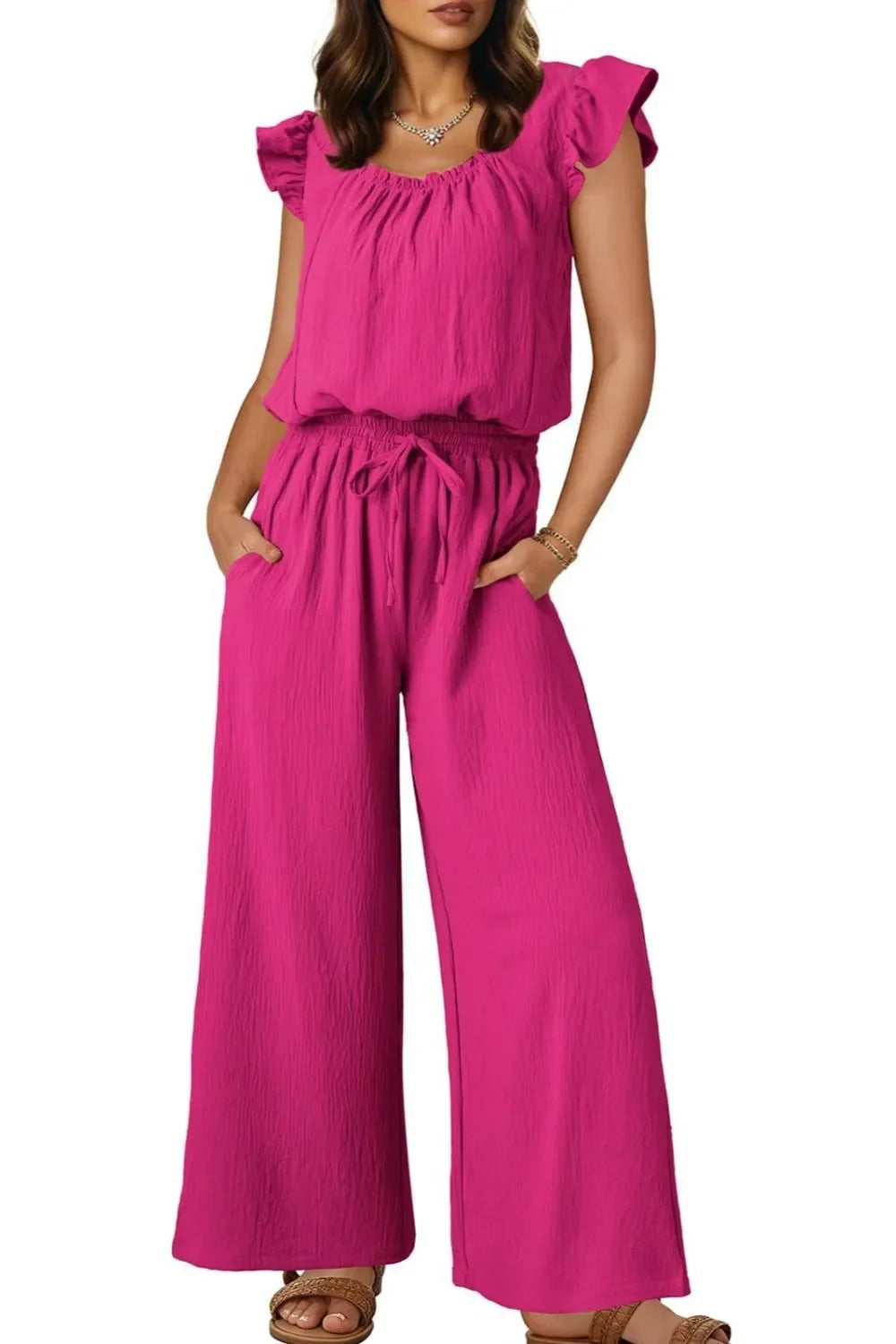 Ruffled Cap Sleeve Wide Leg Jumpsuit With Pockets - Southern Shores Clothing