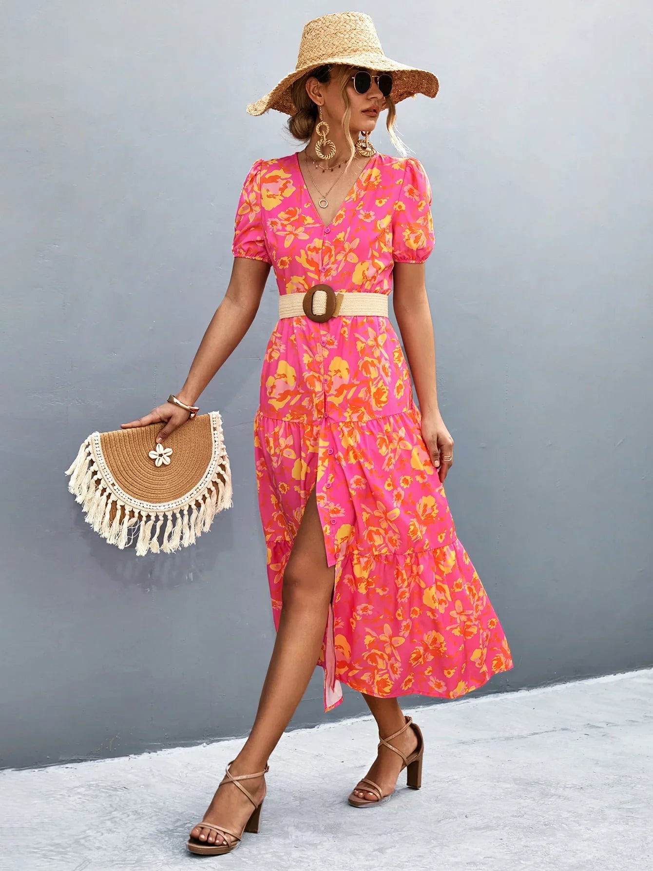 V-Neck Short Sleeve High Slit Midi Dress - Southern Shores Clothing
