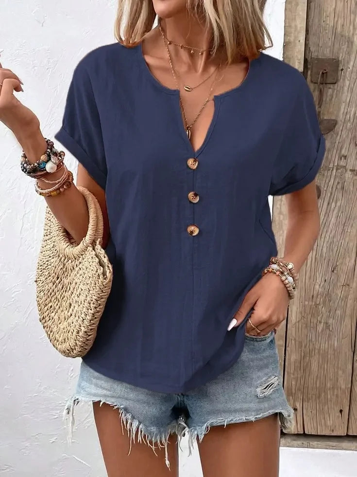 Plus Size Notched Short Sleeve T Shirt With Button Front - Southern Shores Clothing