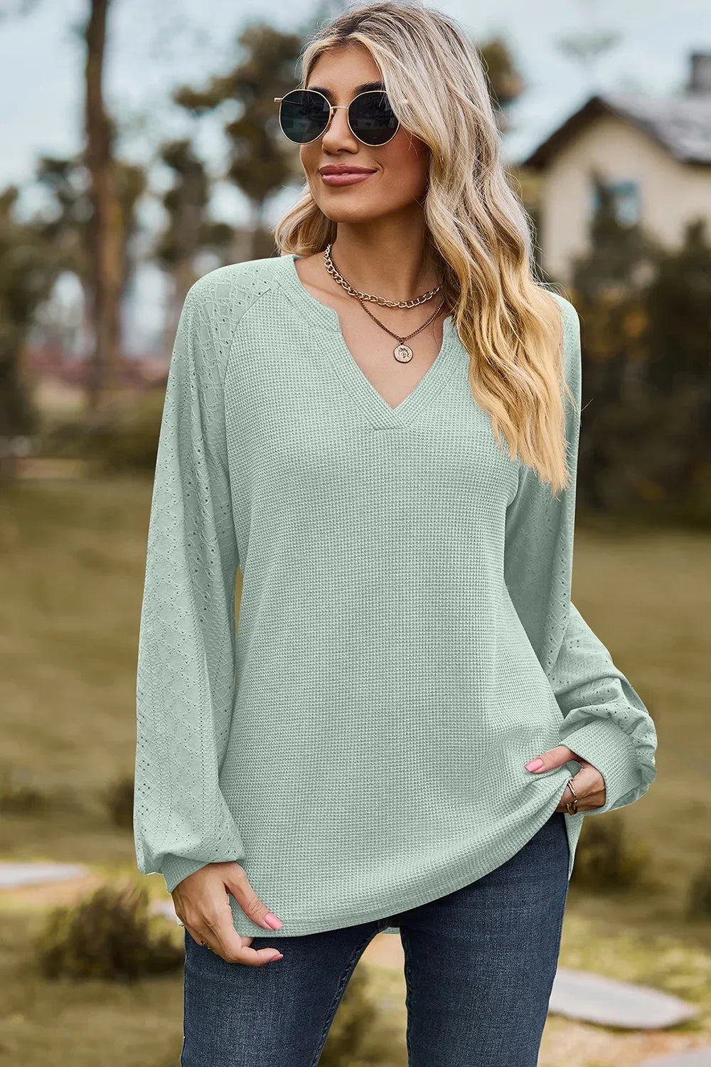 Eyelet Notched Raglan Sleeve T-Shirt - Southern Shores Clothing