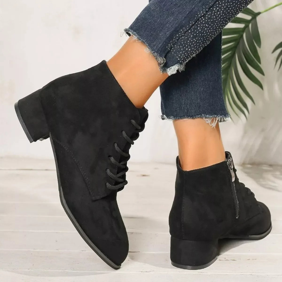 Lace-Up Block Heel Boots Suede Rubber Classic