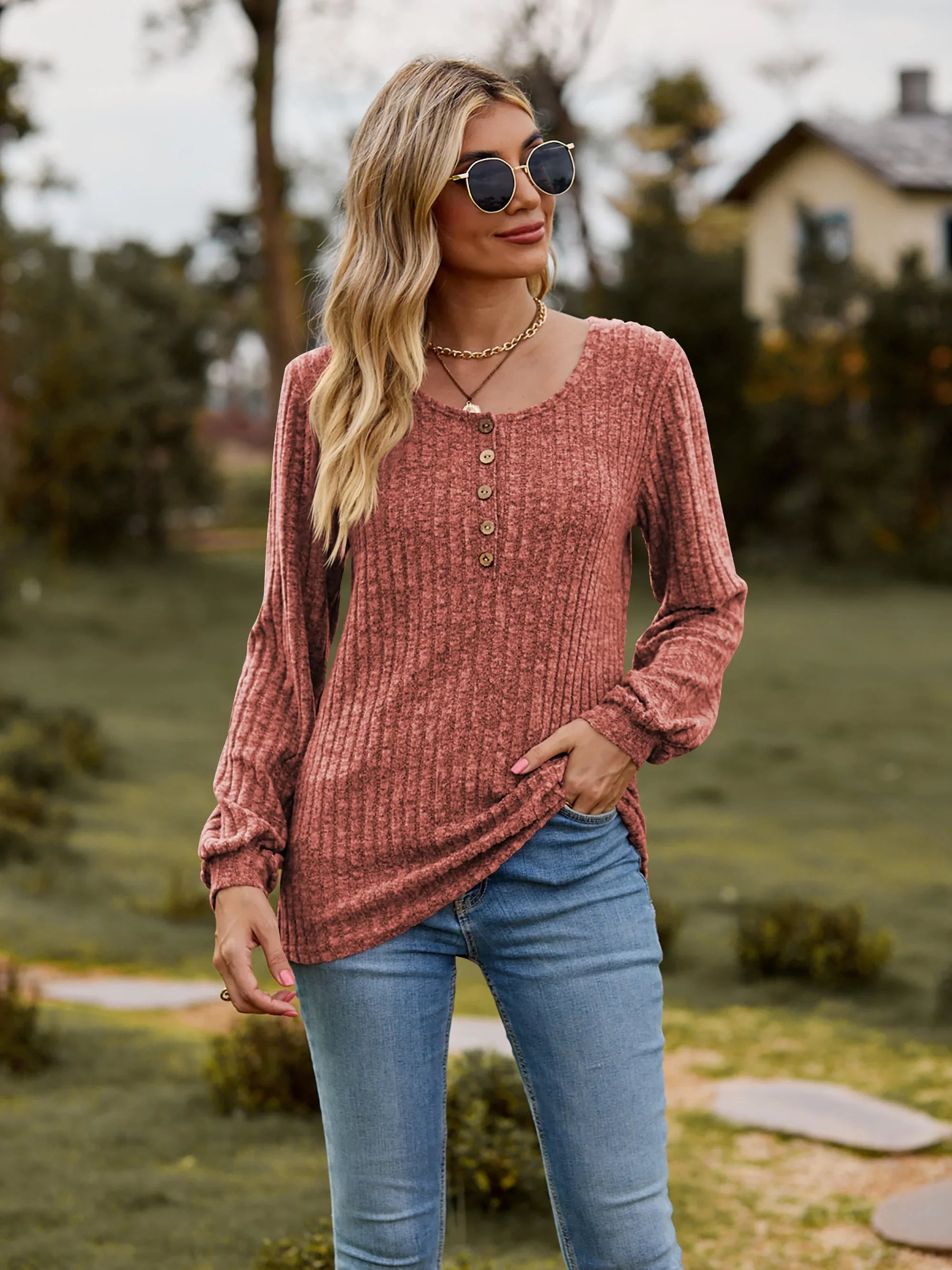 Stretchy Heathered Round Neck Button-Down Long Sleeve Tee - Southern Shores Clothing