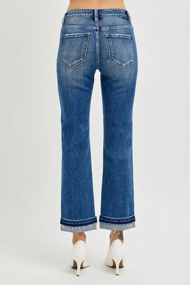 Mid Rise Straight Cuffed Ankle Jeans With Stretch Denim - Southern Shores Clothing