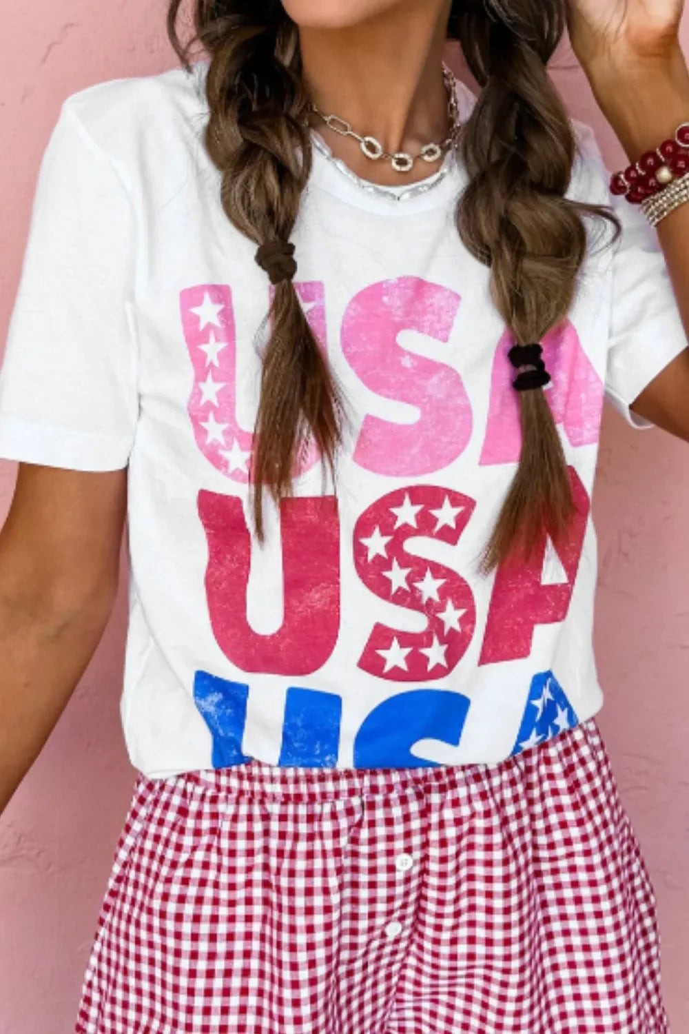 Letter Graphic Round Neck Short Sleeve T Shirt With Stretch - Southern Shores Clothing