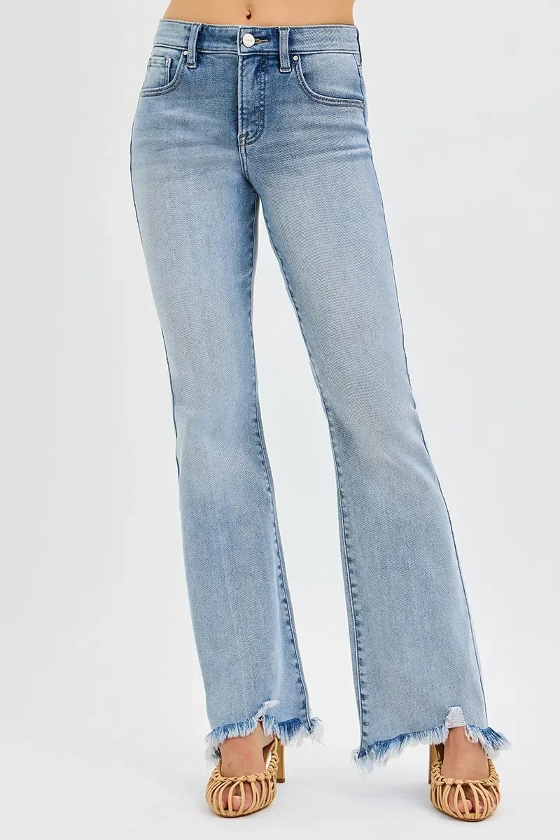 Tummy Control Mid Rise Flare Jeans Plus Size Fray Hem - Southern Shores Clothing