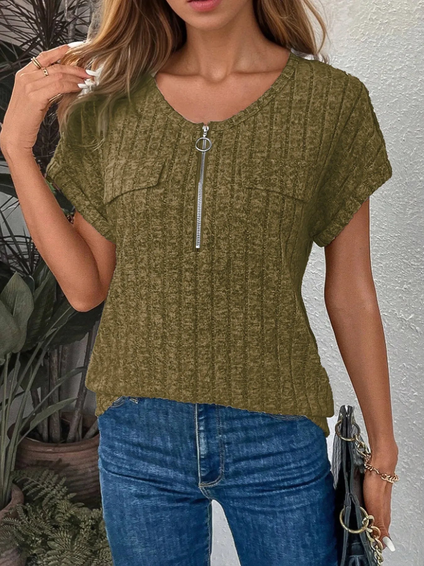 Zip-Front Ribbed Short Sleeve T-Shirt Coastal Style - Southern Shores Clothing