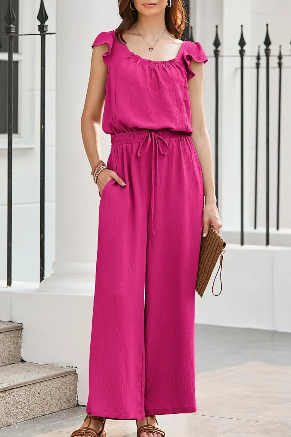 Ruffled Cap Sleeve Wide Leg Jumpsuit With Pockets - Southern Shores Clothing