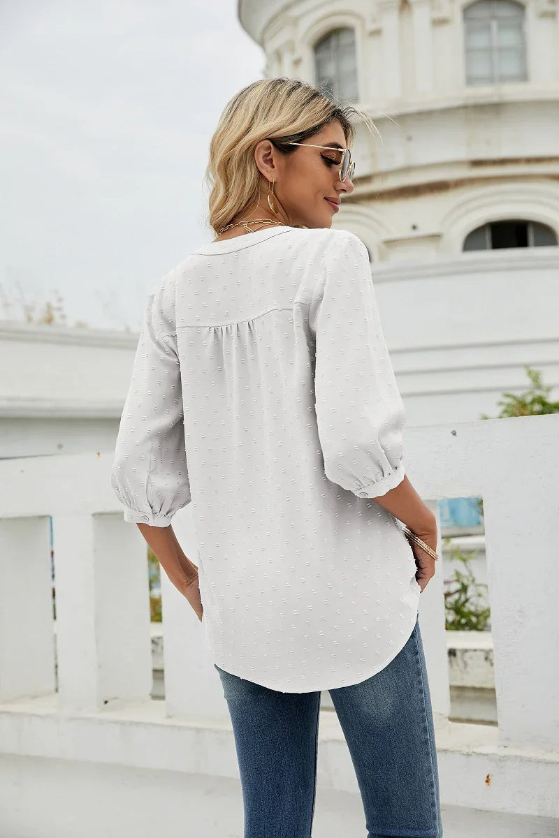 Swiss Dot Notched Neck Three-Quarter Sleeve Blouse - Southern Shores Clothing