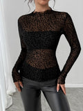 Leopard Print Mesh Long Sleeve Top With Sheer Fabric - Southern Shores Clothing