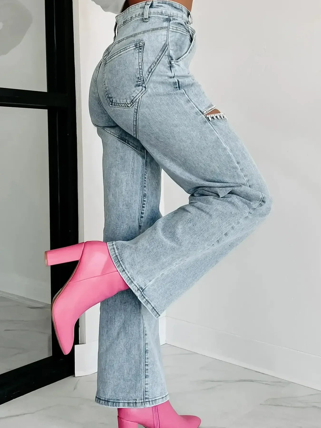 High Waist Cutout Wide Leg Denim Jeans Nautical Style - Southern Shores Clothing