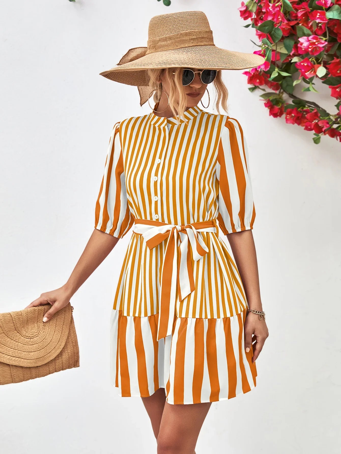 Striped Half Sleeve Tie Waist Mini Dress - Southern Shores Clothing