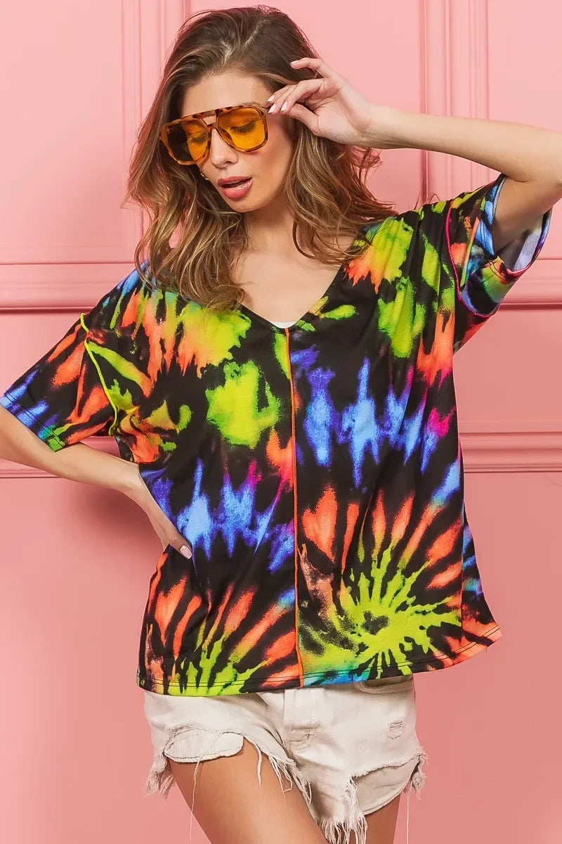 Tie Dye Print Jersey V Neck Top With Relaxed Fit - Southern Shores Clothing