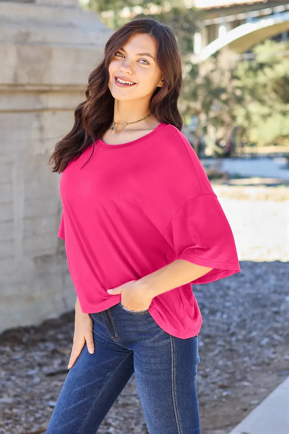 Basic Round Neck Drop Shoulder Tee Top for Layering - Southern Shores Clothing