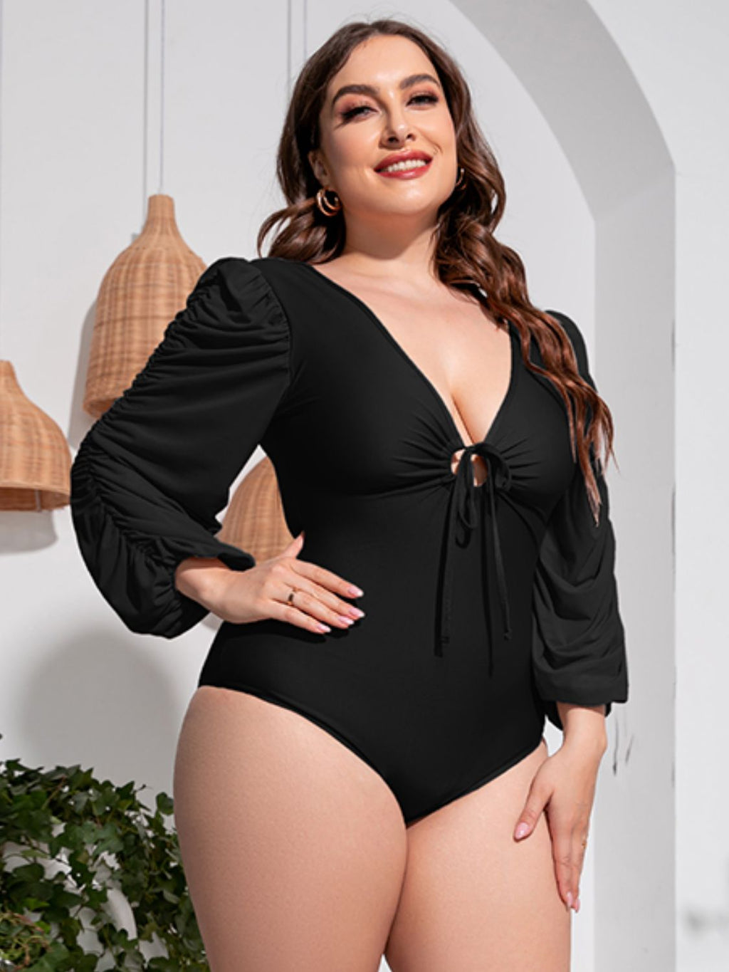 Southern Shores Plus Size Tied Deep V Balloon Sleeve Swimsuit