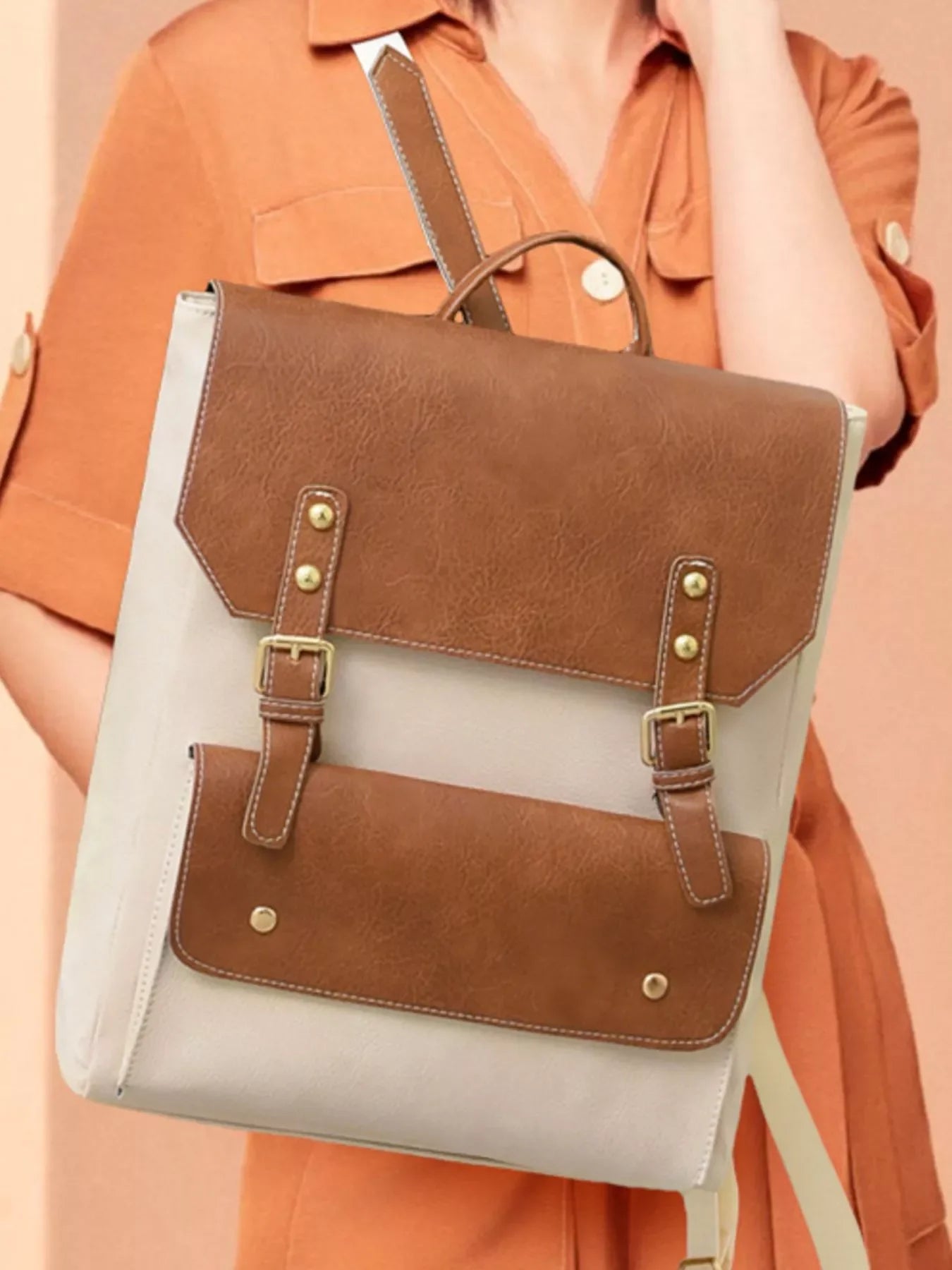 Two Tone Buckle Backpack Bag With Adjustable Straps