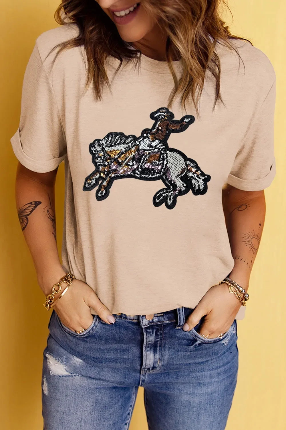 Sequin Rodeo Graphic Crewneck Tee With Stretch Fabric - Southern Shores Clothing