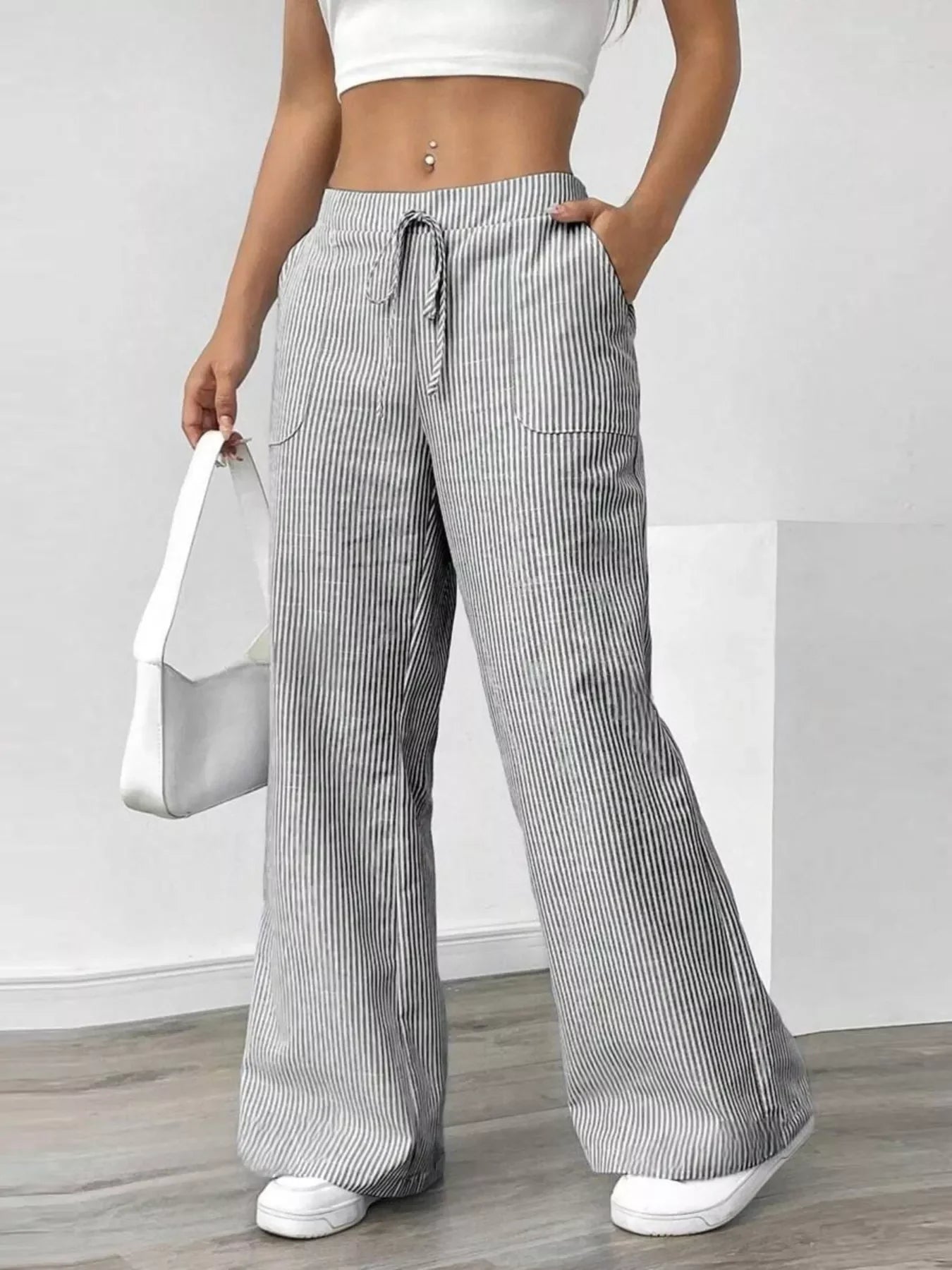 Striped Wide Leg Pocketed Casual Pants For Everyday Wear - Southern Shores Clothing