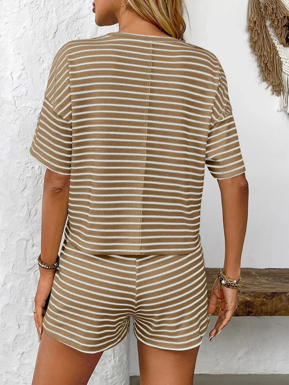 Striped Round Neck Short Sleeve Top and Shorts Set - Southern Shores Clothing