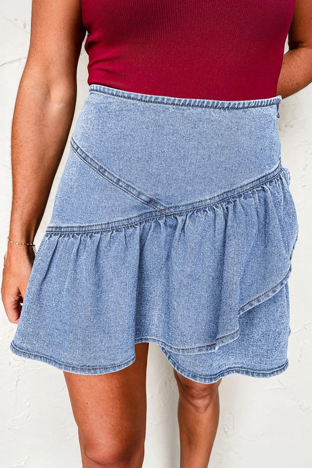Coastal Asymmetric Ruffle Overlay Denim Mini Skirt