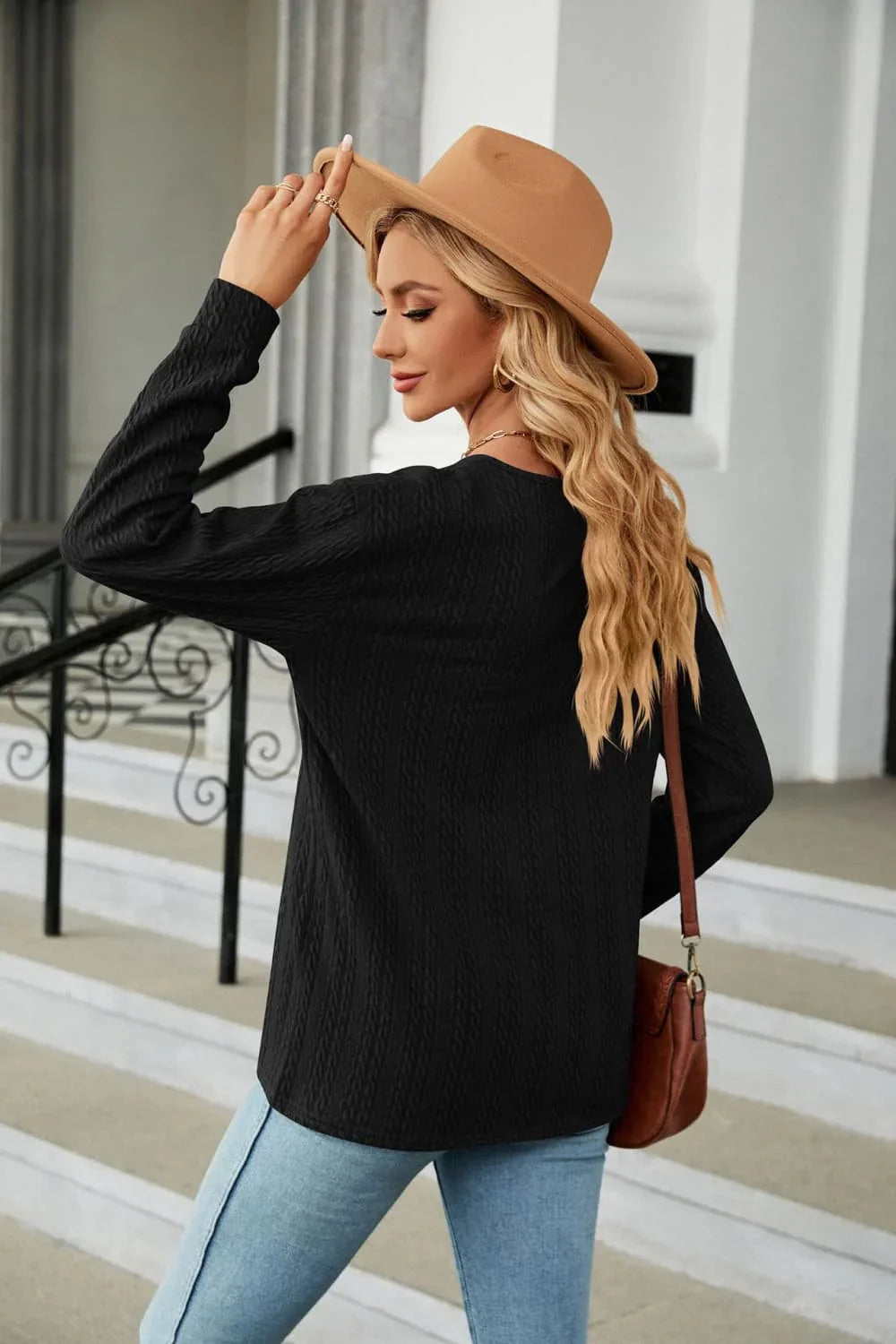 Decorative Button V-Neck Long Sleeve T-Shirt - Southern Shores Clothing