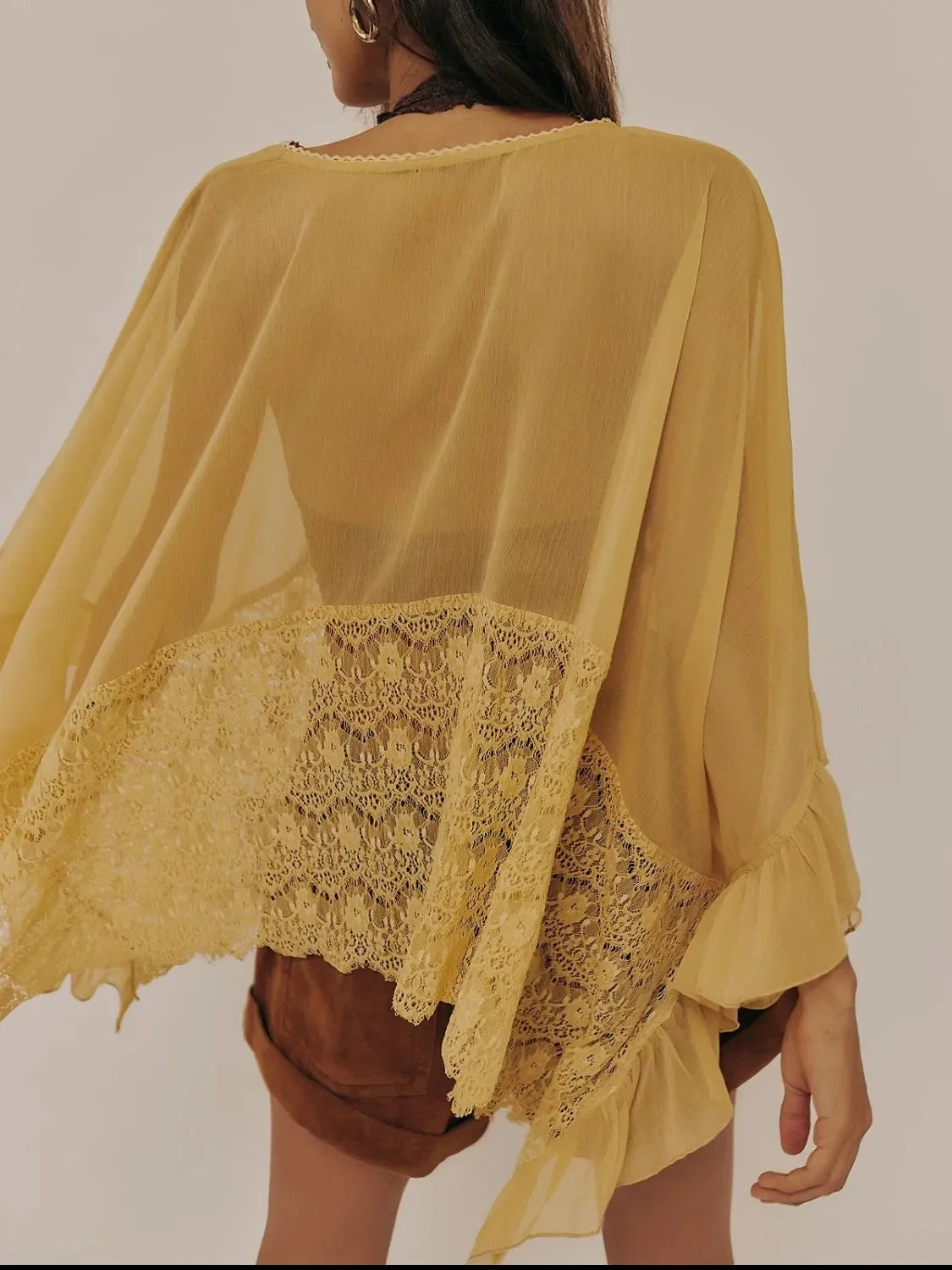 Lace V-Neck Ruffle Long Sleeve Beach Cover-Up - Southern Shores Clothing