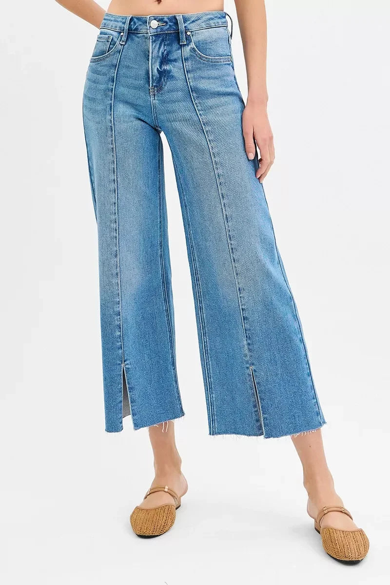 Tummy Control Mid Rise Crop Jeans With Wide Front Slits - Southern Shores Clothing