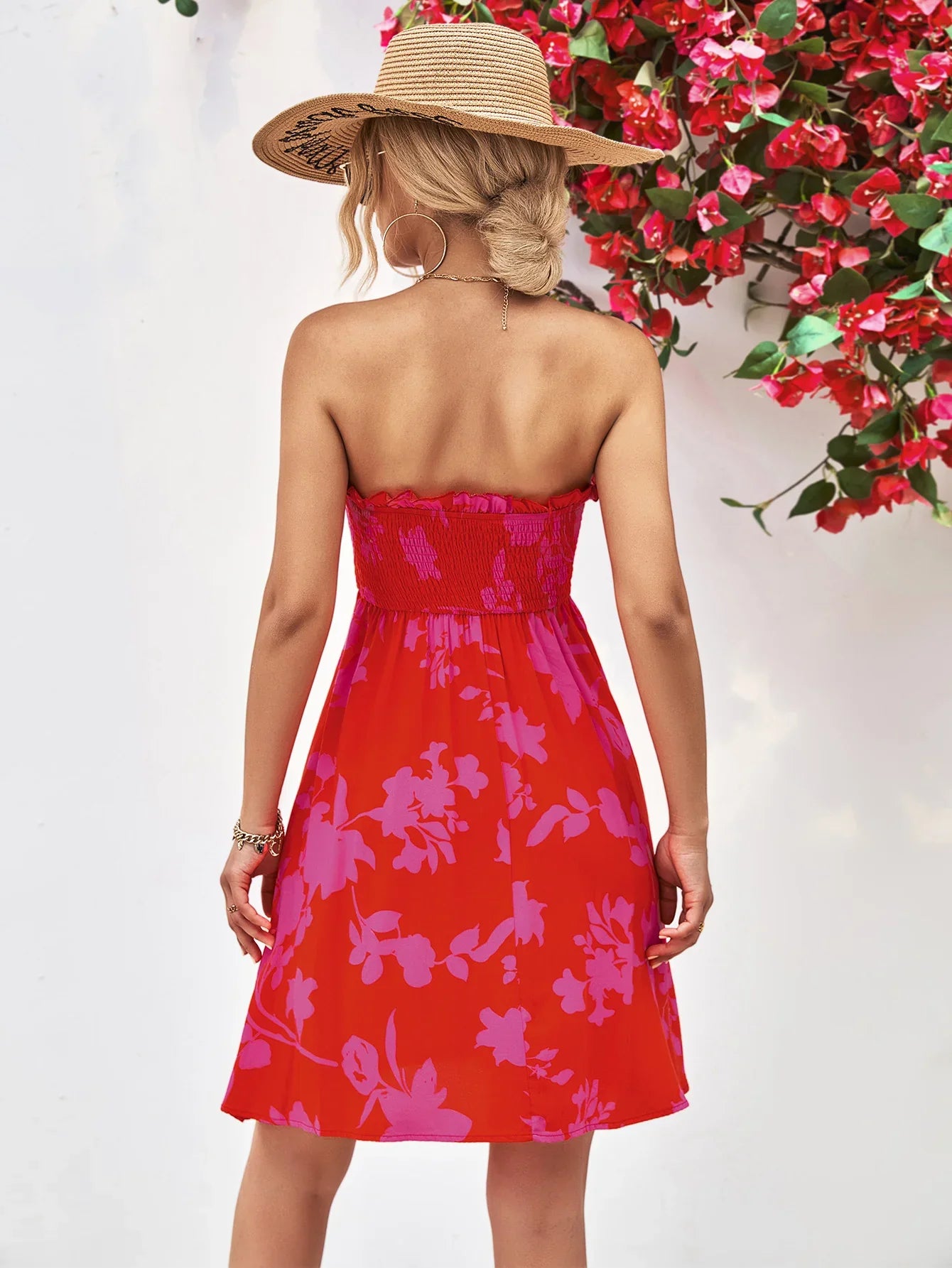 Floral Frill Trim Strapless Smocked Dress - Southern Shores Clothing