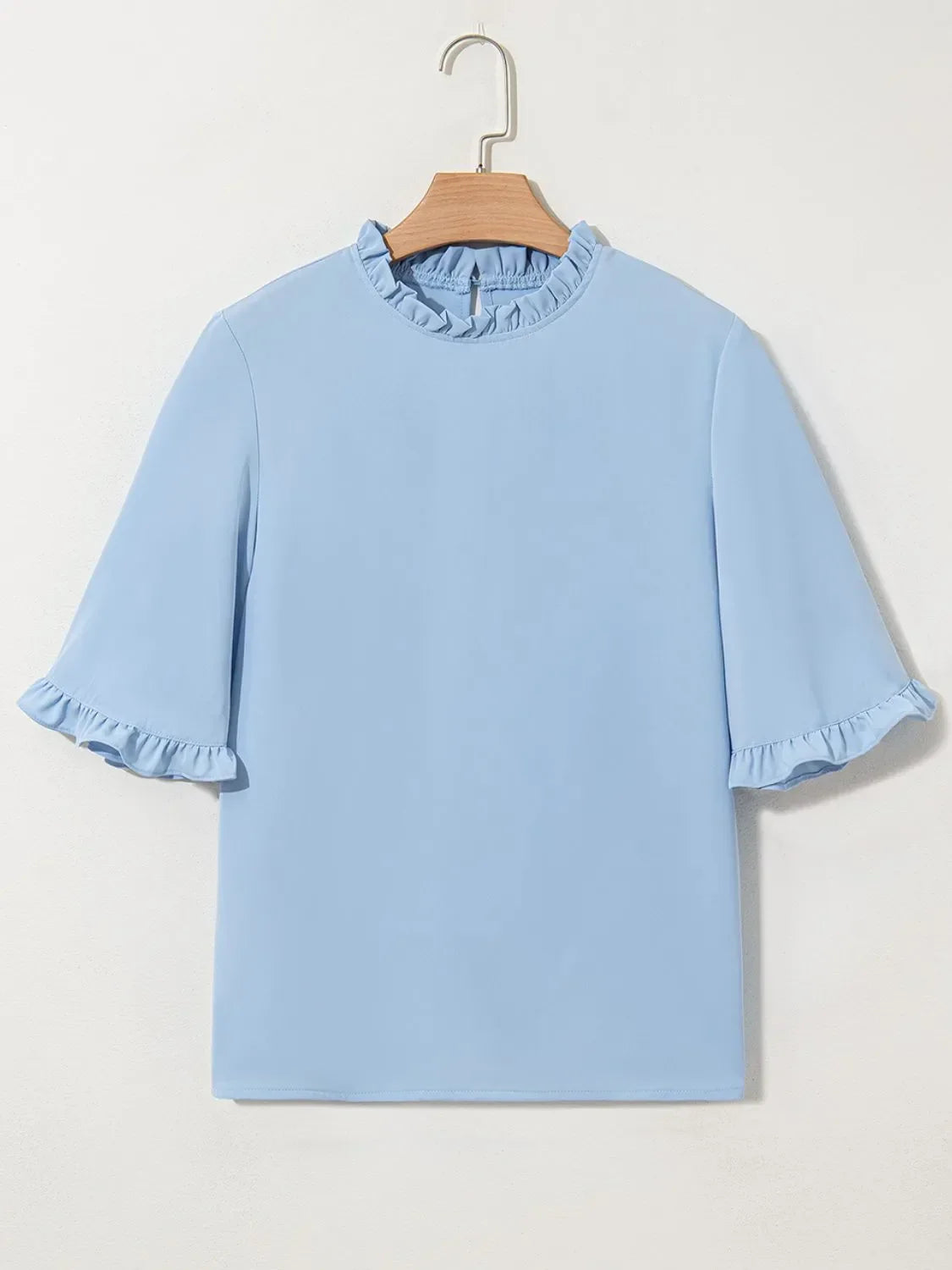 Frill Solid Round Neck Half Sleeve Blouse Polyester - Southern Shores Clothing