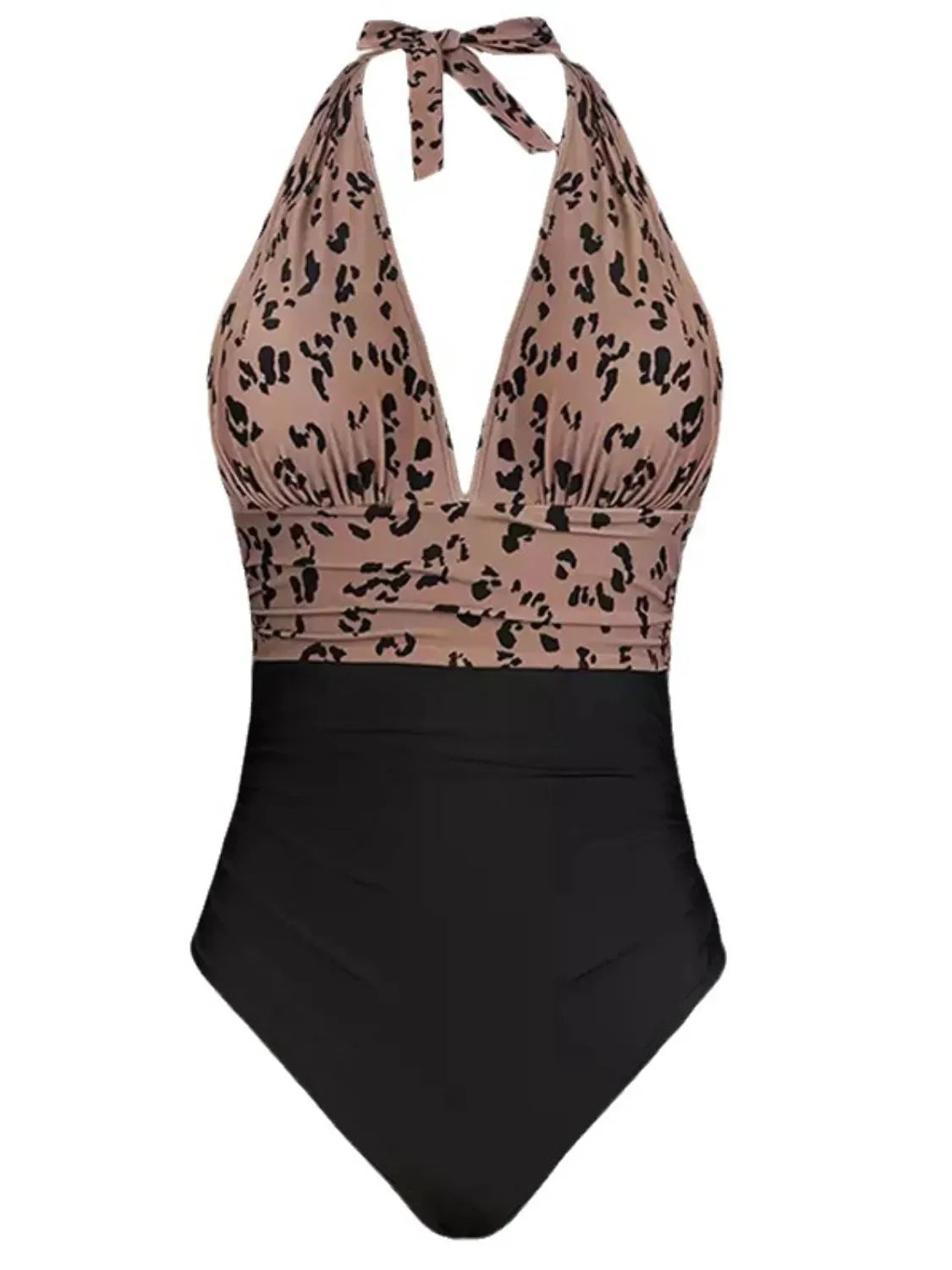 Plus Size Leopard Print Halter Neck One-Piece Swimsuit - Southern Shores Clothing