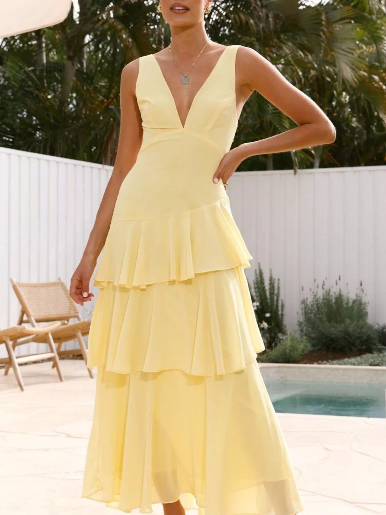 Sleeveless Ruffled Layered Backless Maxi Dress