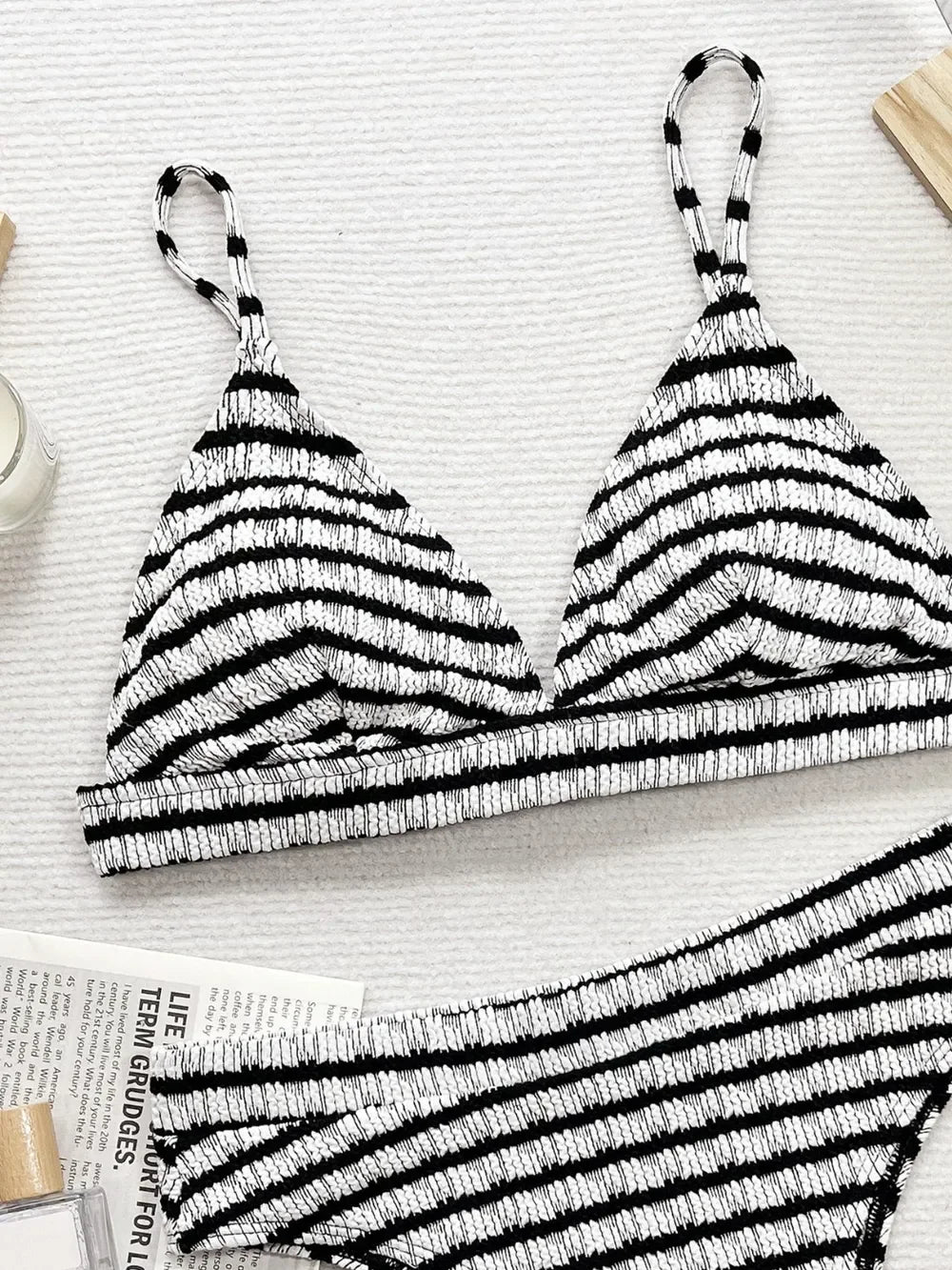 Striped V-Neck Two-Piece Swim Set With Non-Removable Padding - Southern Shores Clothing